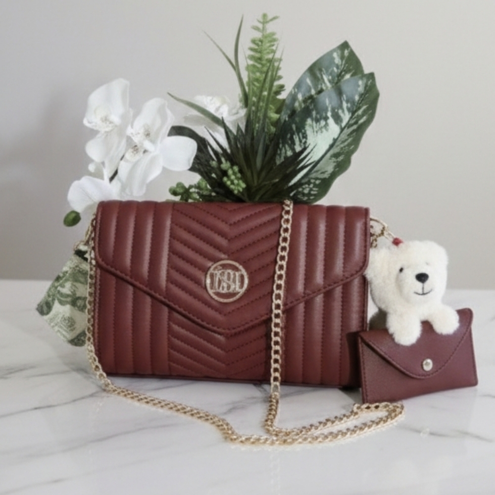 NWT Badgley Mischka Vegan Burgundy Quilted Crossbody Bag with Gold Chain